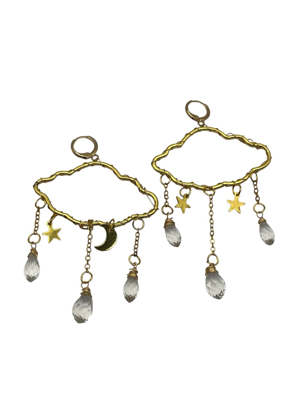 Rain cloud stars moon dangle gold tone crystal handmade earrings boho celestial